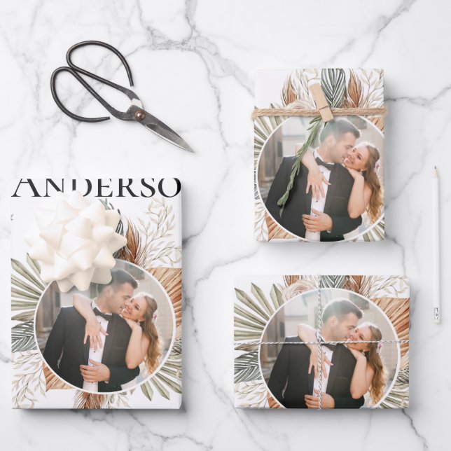 Elegantes Foto/Name Hochzeit Weiß Geschenkpapier Set (Vorderseite)