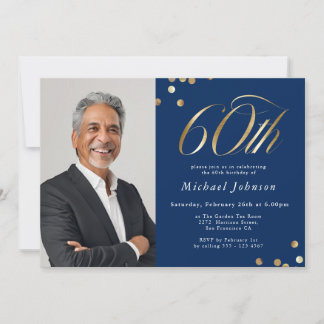 Elegantes Foto Navy Blau Gold 60. Geburtstag Einladung