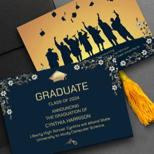 Elegantes Foto Navy Blue and Gold Floral Einladung