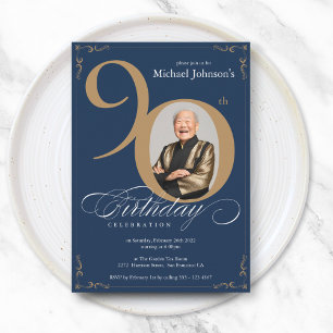Elegantes Foto Navy Blue Gold 90. Geburtstag Einladung
