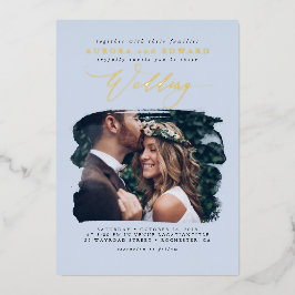 Elegantes Foto Overlay Dusty Blue Boho Wedding Folieneinladung