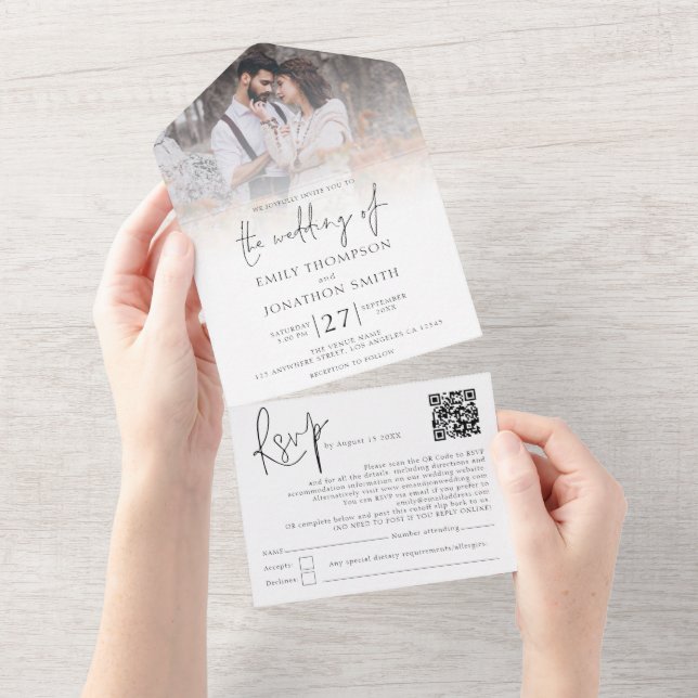 Elegantes Foto-Overlay-QR-Code-Script Hochzeit All In One Einladung (Abreißen)