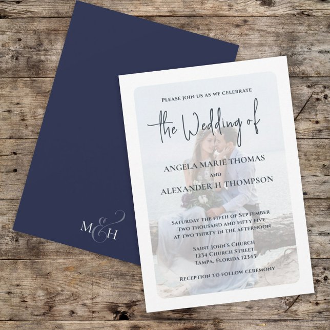 Elegantes Foto Overlay Simple Minimalistisch Navy  Einladung (Simple navy blue wedding photo invitations)