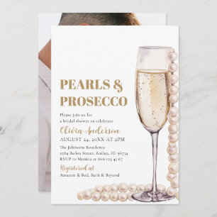 Elegantes Foto Perlen und Prosecco Brautparty Einladung