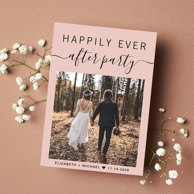 Elegantes Foto QR Code Blush Hochzeitsempfang Ankündigung (An chic Happily Ever After Party Invitation to set the tone for an unforgettable wedding celebration)