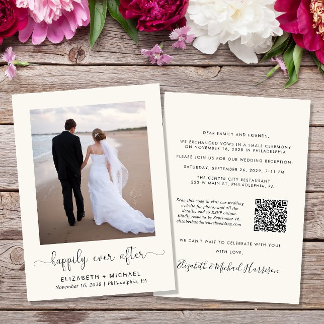 Elegantes Foto QR Code Cream Wedding Reception Einladung (Von Creator hochgeladen)