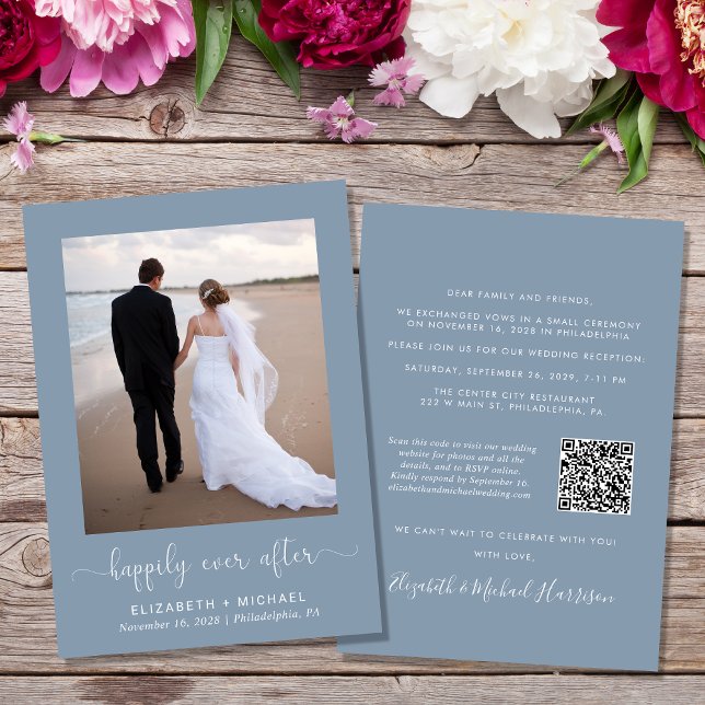 Elegantes Foto QR Code Dusty Blue Wedding Receptio Einladung (Von Creator hochgeladen)