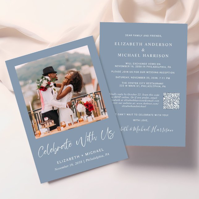 Elegantes Foto QR Code Dusty Blue Wedding Receptio Einladung (Von Creator hochgeladen)