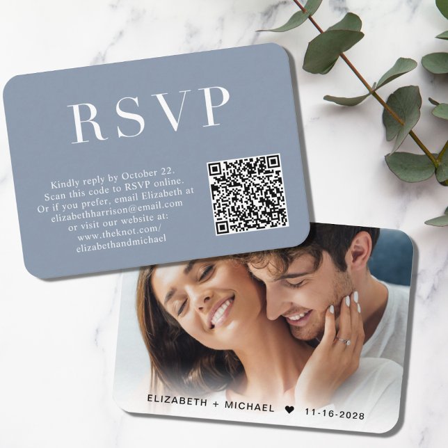 Elegantes Foto QR Code Dusty Blue Wedding RSVP Begleitkarte (Von Creator hochgeladen)