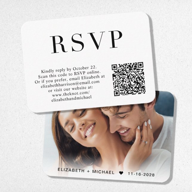 Elegantes Foto QR Code Hochzeit RSVP Begleitkarte (Von Creator hochgeladen)