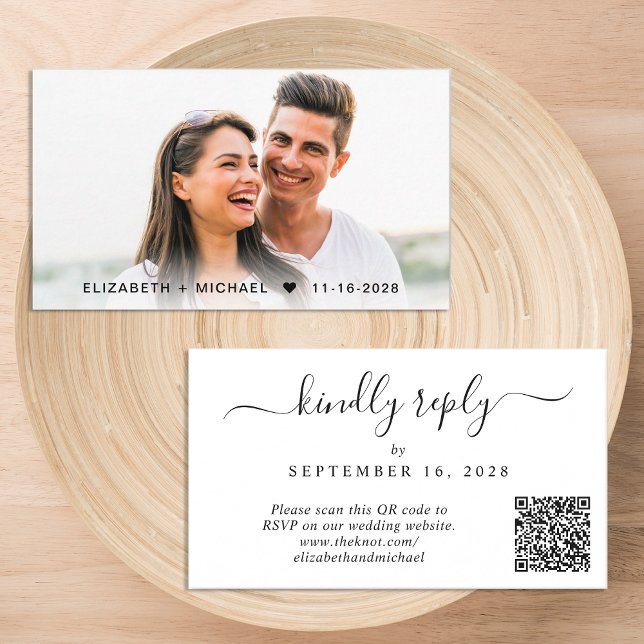 Elegantes Foto QR Code Hochzeit RSVP Begleitkarte (Our user-friendly template will generate your QR code automatically from your website address)