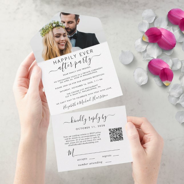 Elegantes Foto QR Code Hochzeitsempfang All In One Einladung (An chic Happily Ever After Party all-in-one invitation for your wedding celebration)
