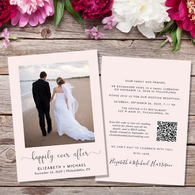 Elegantes Foto QR Code Rosa Hochzeitsempfang Einladung (Von Creator hochgeladen)