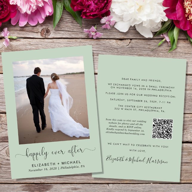 Elegantes Foto QR Code Sage Wedding Reception Einladung (Von Creator hochgeladen)