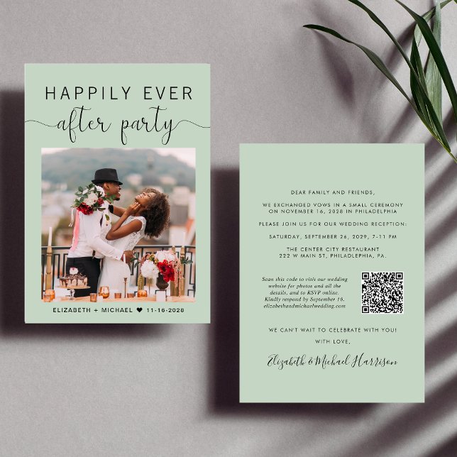 Elegantes Foto QR Code Sage Wedding Reception Einladung (Von Creator hochgeladen)