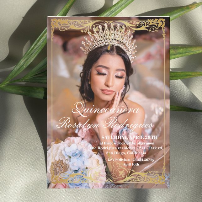 Elegantes Foto Quinceanera Gold Einladung (Von Creator hochgeladen)