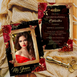 Elegantes Foto Quinceanera Rote Rose Gold Geburtst Folieneinladung