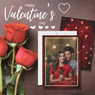 Elegantes Foto RED GOLD Hearts Valentine Feiertagskarte
