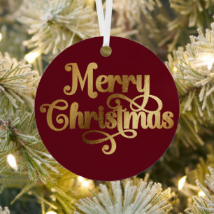 Elegantes Foto Retro Rot und Gold Frohe Weihnachte Ornament Aus Metall
