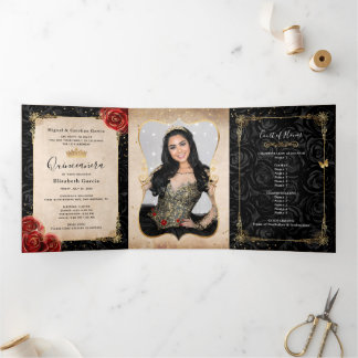 Elegantes Foto Rote Rose Schwarz und Gold Quincean Dreifach Gefaltete Einladung