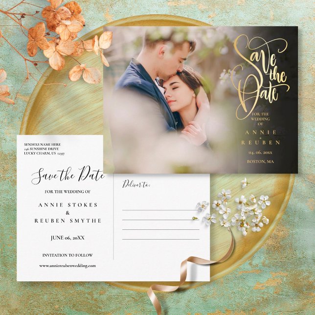 Elegantes Foto Save the Date Chic Gold Script Postkarte (Von Creator hochgeladen)