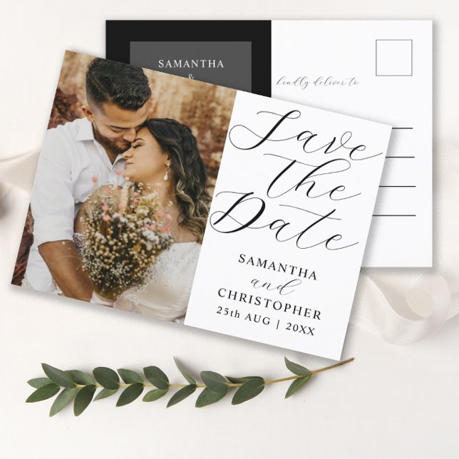 Elegantes Foto Save the Date Schwarz-Weiß-Hochzeit Ankündigungspostkarte (Von Creator hochgeladen)