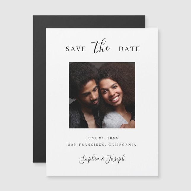Elegantes Foto | Schwarz und Weiß Save the Date Magneteinladung (Vorne/Hinten)