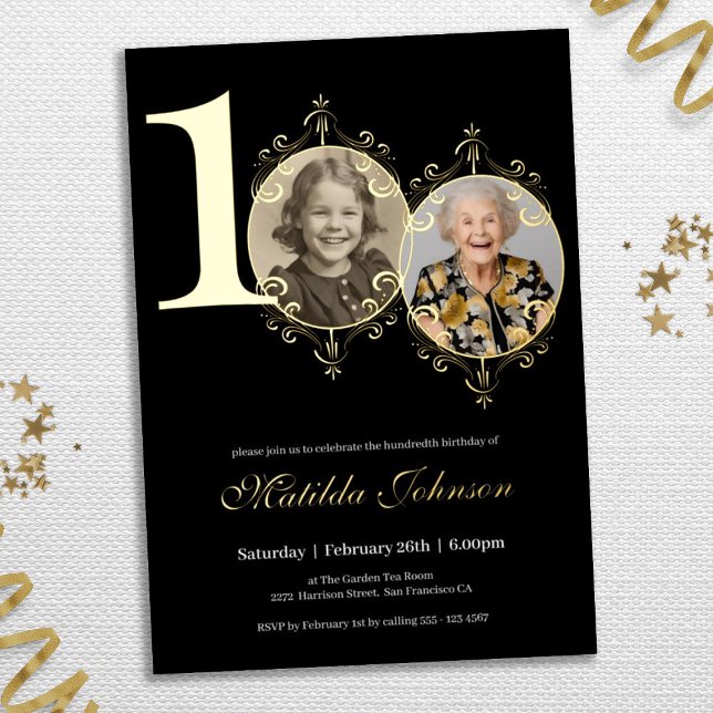 Elegantes Foto Schwarz-weiß 100. Geburtstag Folieneinladung (100th Birthday Black White Elegant Custom Photo Foil Invitation)