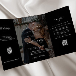 Elegantes Foto schwarze Hochzeit RSVP Details QR-C Dreifach Gefaltete Einladung