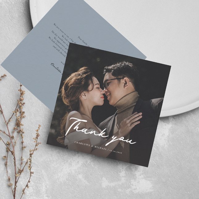 Elegantes Foto Script Wedding Vielen Dank Mitteilungskarte (Wedding Thank You Photo Script Mini Square Card)