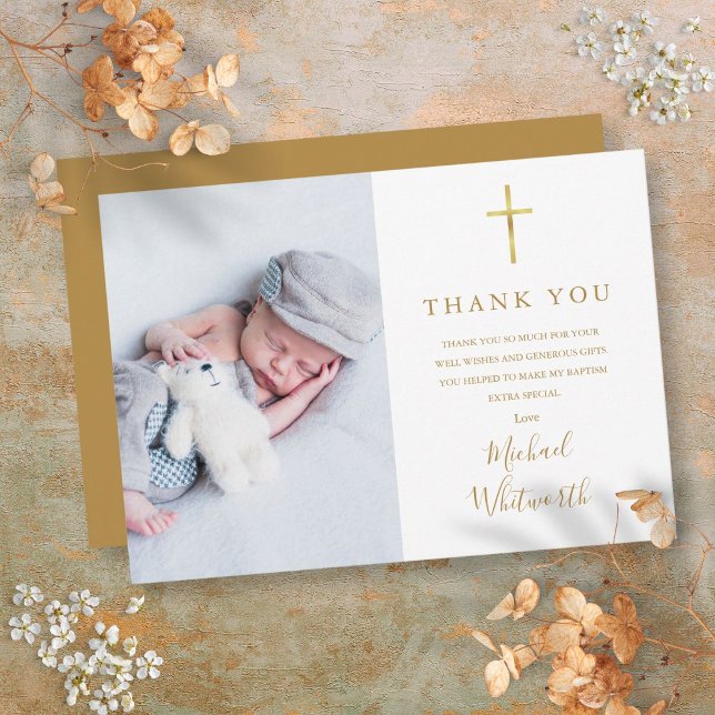 Elegantes Foto Signature Script Taufe Dankeskarte (Elegant Photo Signature Script Baptism Thank You Card)