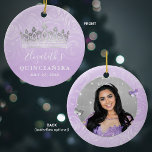 Elegantes Foto Silver and Light Lila Quinceanera Keramik Ornament<br><div class="desc">Erstellen Sie Ihre eigenen eleganten Quinceanera-Ornamente aus Foto mit einem wunderschönen Blumenmuster. Die einzigartige, originelle Kunst von Raphaela Wilson zeigt Aquarellfarben-Rose in sanften Tönen von Lila und Lavendel, eine königliche Königin Kronen / Prinzessin Tiara und Schmetterling Konfetti. Fügen Sie einen individuelle Name und Feiertag, und Ihre eigene glamouröse Mis Quitce...</div>