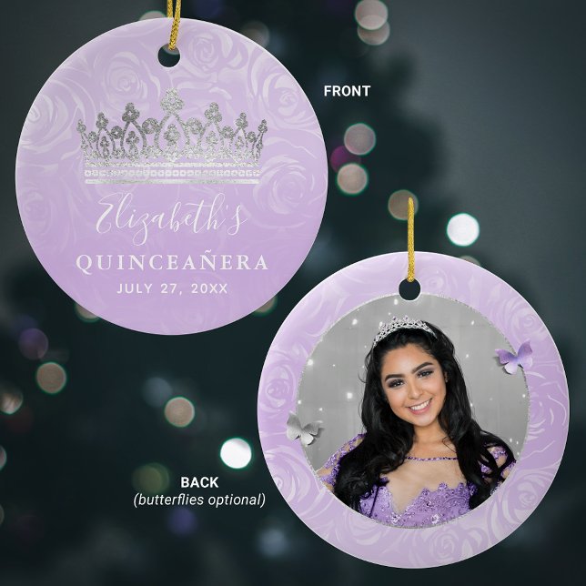 Elegantes Foto Silver and Light Lila Quinceanera Keramik Ornament (Create your own keepsake light purple quinceanera ornaments, with this elegant DIY photo template.)