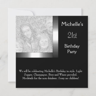 Elegantes Foto Silver Black 21. Geburtstag Einladung