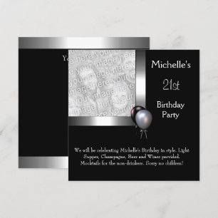 Elegantes Foto Silver Black Ballon 21. Geburtstag Einladung