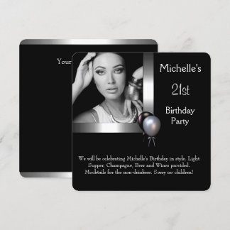 Elegantes Foto Silver Black Ballon 21. Geburtstag Einladung