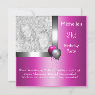 Elegantes Foto Silver Pink Ballon 21. Geburtstag Einladung