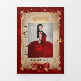 Elegantes Foto Spanische Rote Rose Gold Quinceaner Dreifach Gefaltete Einladung