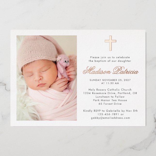 Elegantes Foto Taufe Real Gold Folieneinladung (Vorderseite)