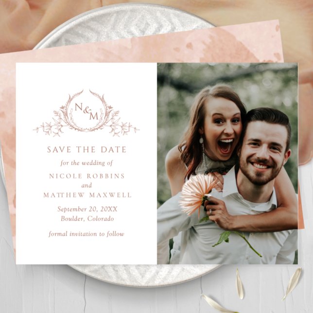 Elegantes Foto Terracotta Monogram Wedding Save The Date (Von Creator hochgeladen)