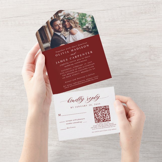 Elegantes Foto UAWG QR Code Burgundy Red Wedding All In One Einladung (Abreißen)