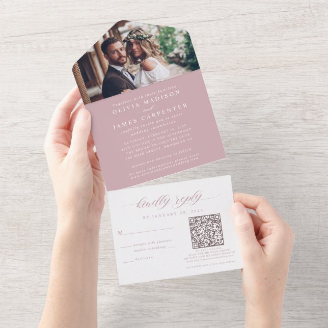 Elegantes Foto UAWG QR Code Dusty Rose Hochzeit All In One Einladung (Abreißen)