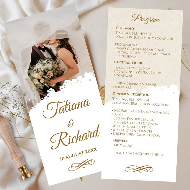 Elegantes Foto- und Goldschrift-Hochzeitsprogramm Programm (elegant-photo-gold-script-wedding-program )