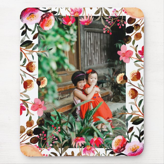 Elegantes Foto Wasserfarbe Rosa Blumengrün Mousepad (Vorne)