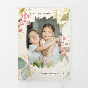 Elegantes Foto Watercolor Winter Berries Dreifach Gefaltete Urlaubskarte