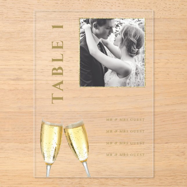 Elegantes Foto Wedding Champagne Tischnummer (Vorderseite)