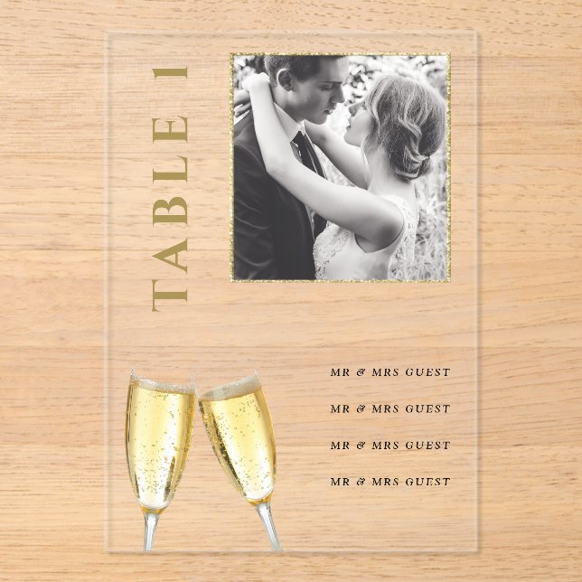 Elegantes Foto Wedding Champagne Tischnummer (Vorderseite)