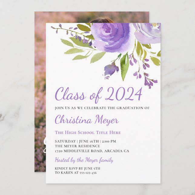 Elegantes Foto zur Lila Blumenstuhlzeit Einladung (Vorne/Hinten)