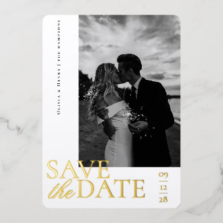 Elegantes Fotoskript „Save the Date“ Folien Feiertagskarte