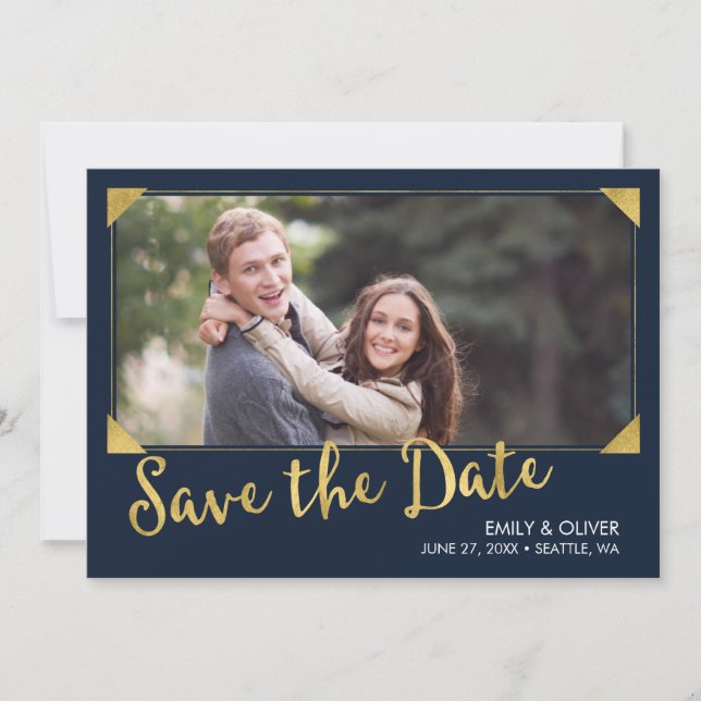 Elegantes Frame Imitate Gold Blue Foto Save the Da Save The Date (Vorderseite)